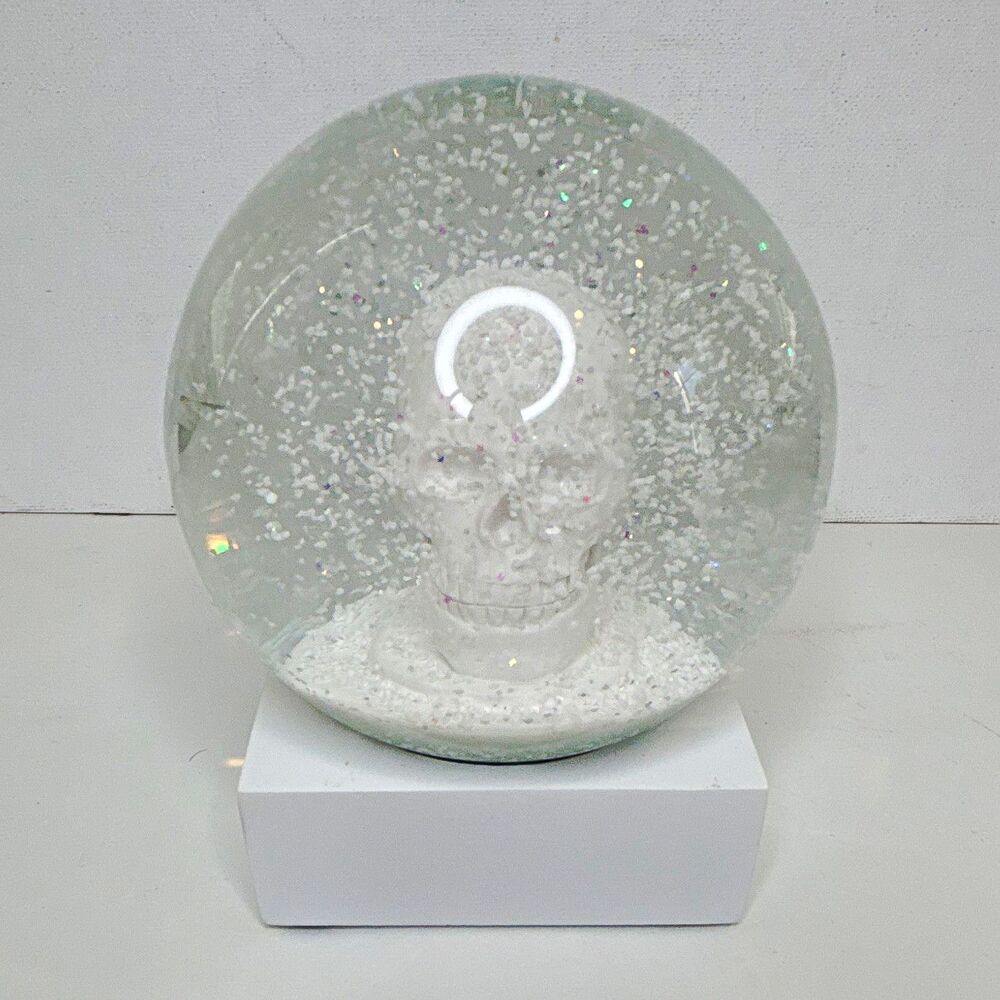 CB2 Skull Snow Globe White/Clear Glass Free Standing MPN 409-984